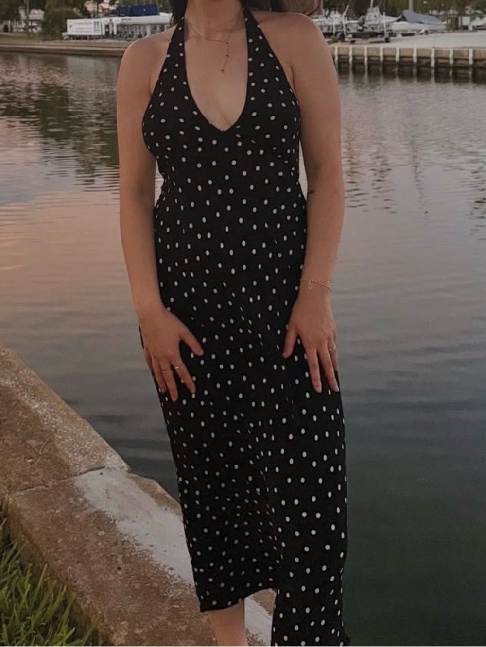 Pull&Bear Black Polka Dot Halter Midi Dress